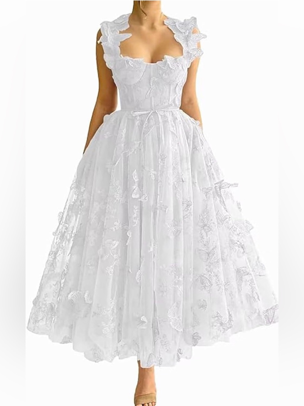 Elegant White Lace Midi Dress with Floral Appliqué Sz small